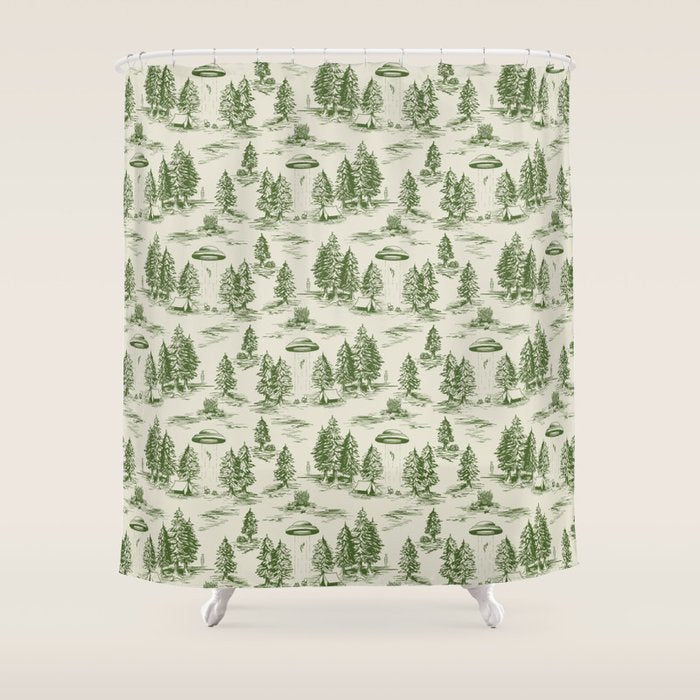 Green Alien Abduction Toile De Jouy Pattern Shower Curtain