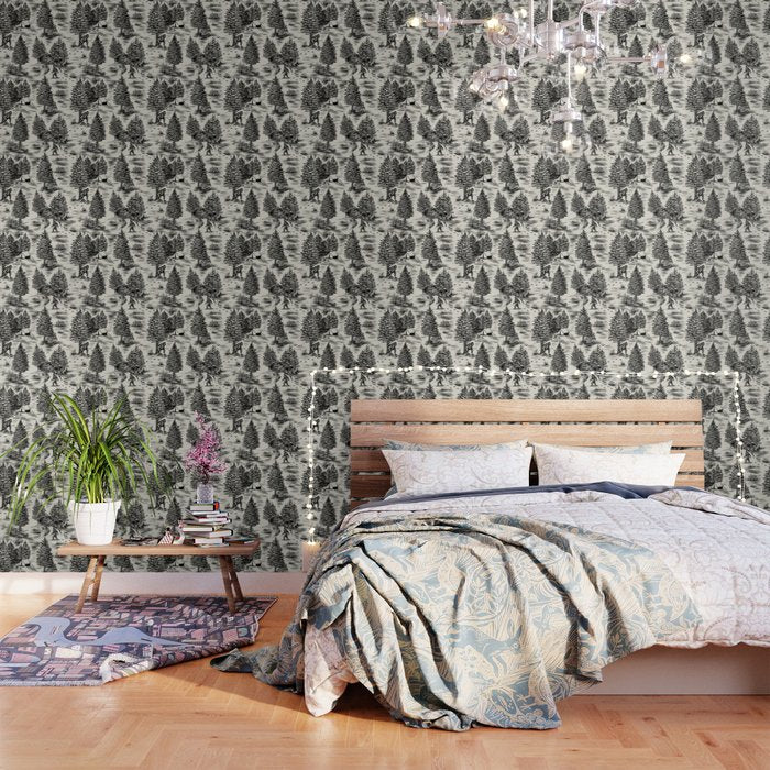 Bigfoot / Sasquatch Toile De Jouy In Black Wallpaper