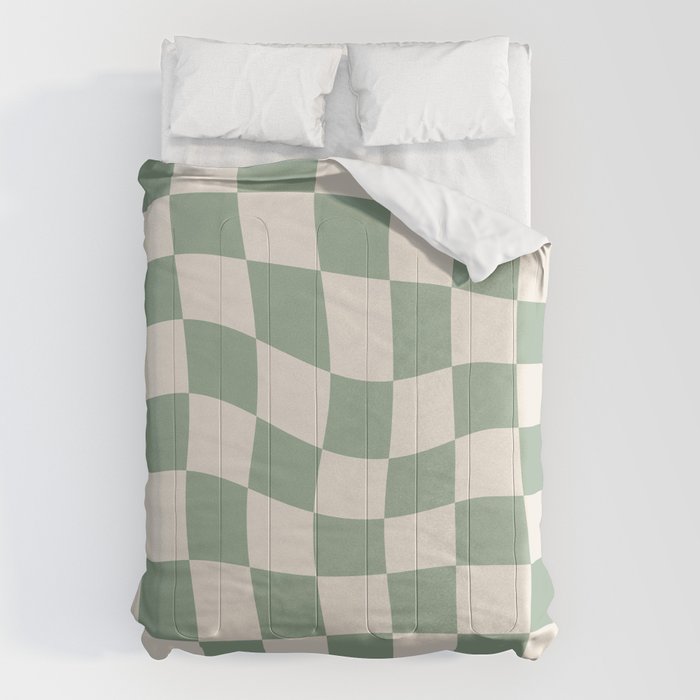 Sage Green Wavy Checkered Pattern Comforter