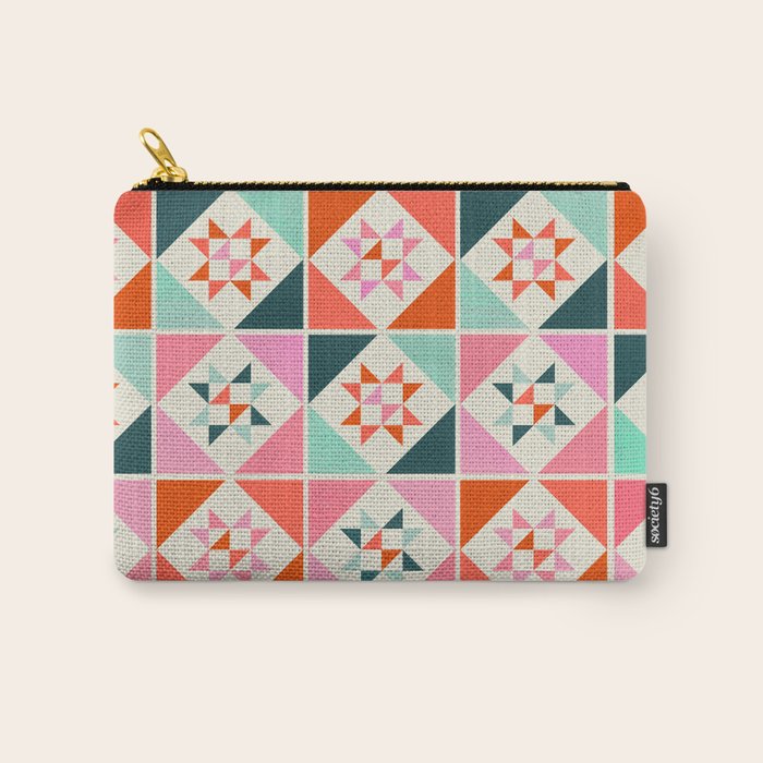 Festive Quilt Pattern In Pink, Red And Green Carry All Pouch
