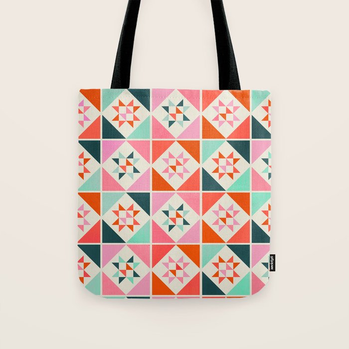 Festive Quilt Pattern In Pink, Red And Green Tote Bag