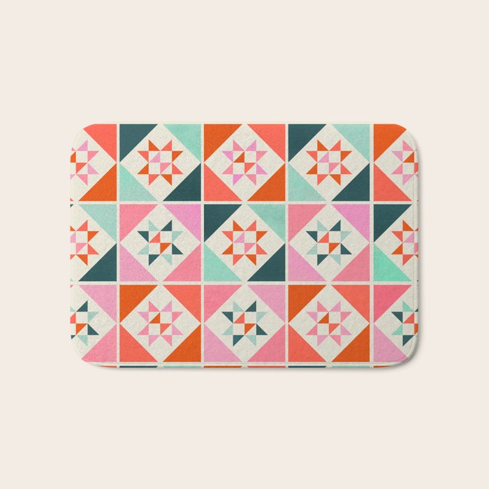 Festive Quilt Pattern In Pink, Red And Green Bath Mat