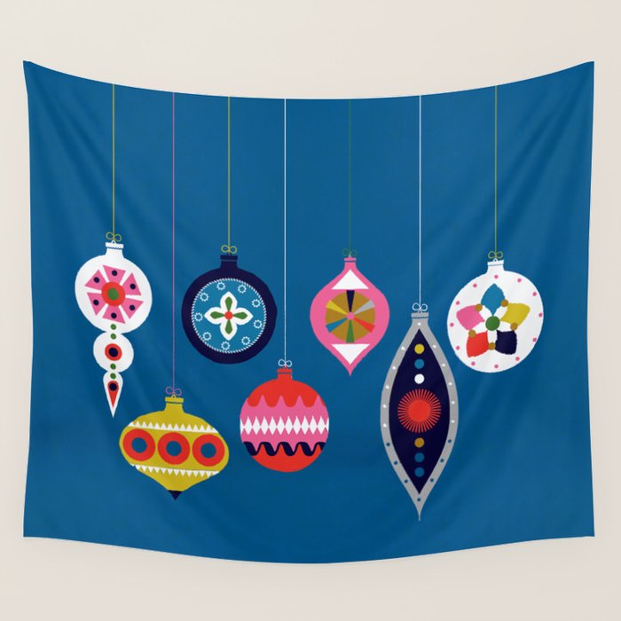 Retro Christmas Baubles On A Dark Background Wall Tapestry