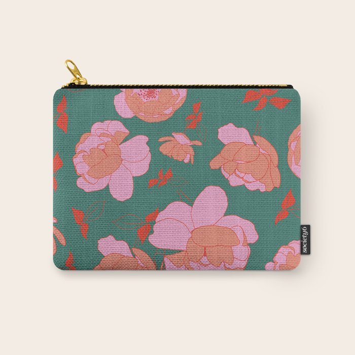 English Roses In Pink And Green Carry All Pouch
