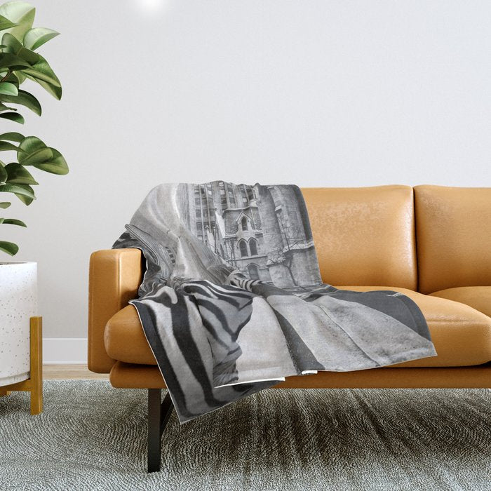 Zebra In The City - Black And White Photography Collage Throw Blanket