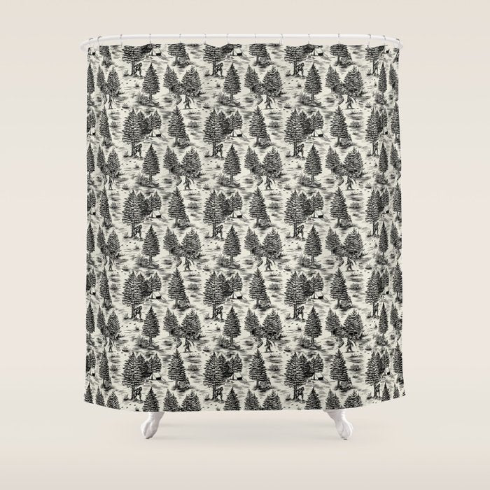 Bigfoot / Sasquatch Toile De Jouy In Black Shower Curtain