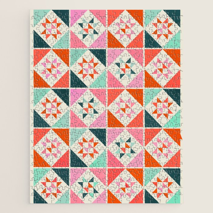 Festive Quilt Pattern In Pink, Red And Green Jigsaw Puzzle