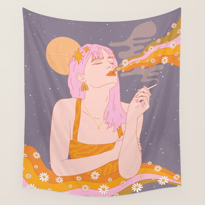 Woman Smoking Daisy Flowers Wall Tapestry