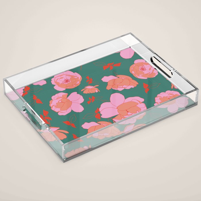 English Roses In Pink And Green Acrylic Tray