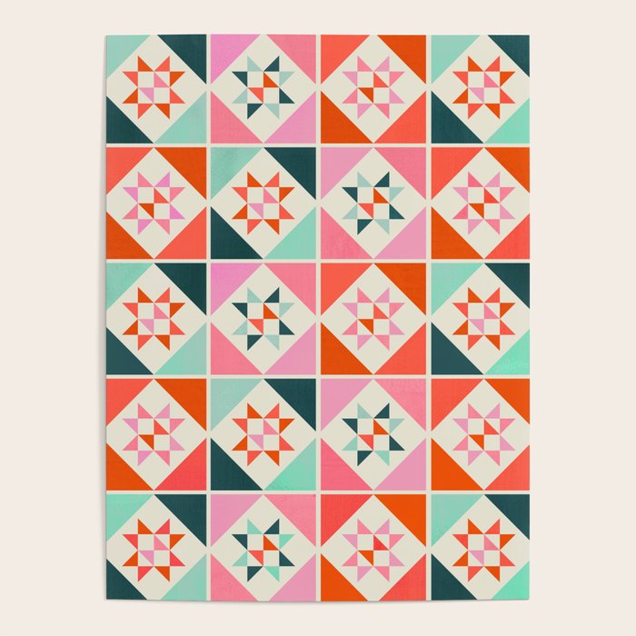 Festive Quilt Pattern In Pink, Red And Green Poster