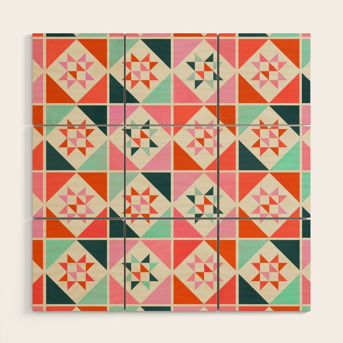 Festive Quilt Pattern In Pink, Red And Green Wood Wall Art