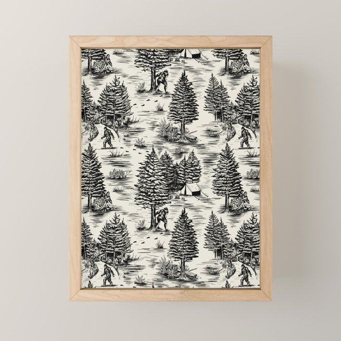 Bigfoot / Sasquatch Toile De Jouy In Black Mini Art Print