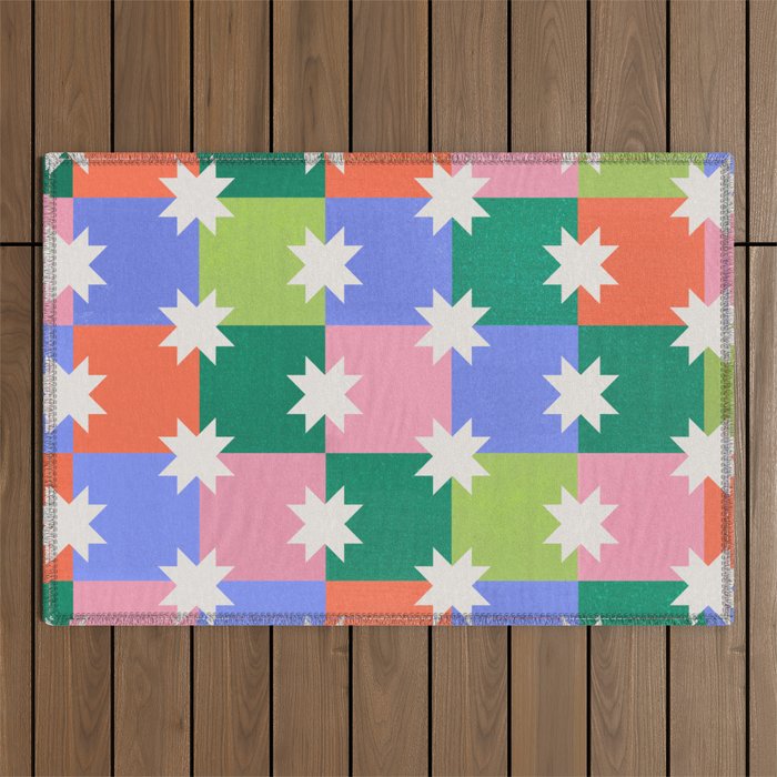 Checkered Holiday Pattern With Stars Outdoor Rug