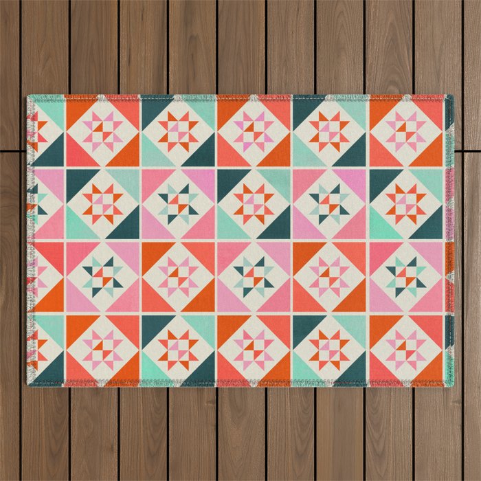 Festive Quilt Pattern In Pink, Red And Green Outdoor Rug
