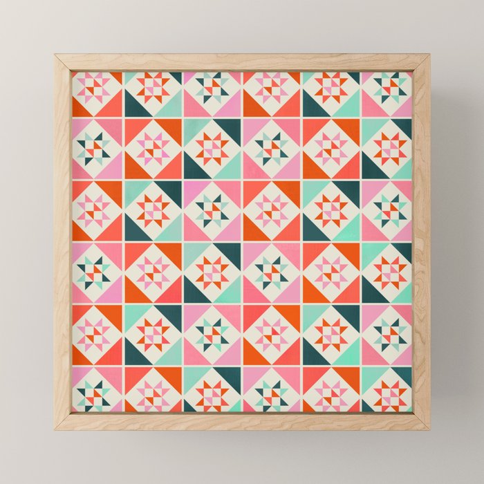 Festive Quilt Pattern In Pink, Red And Green Mini Art Print