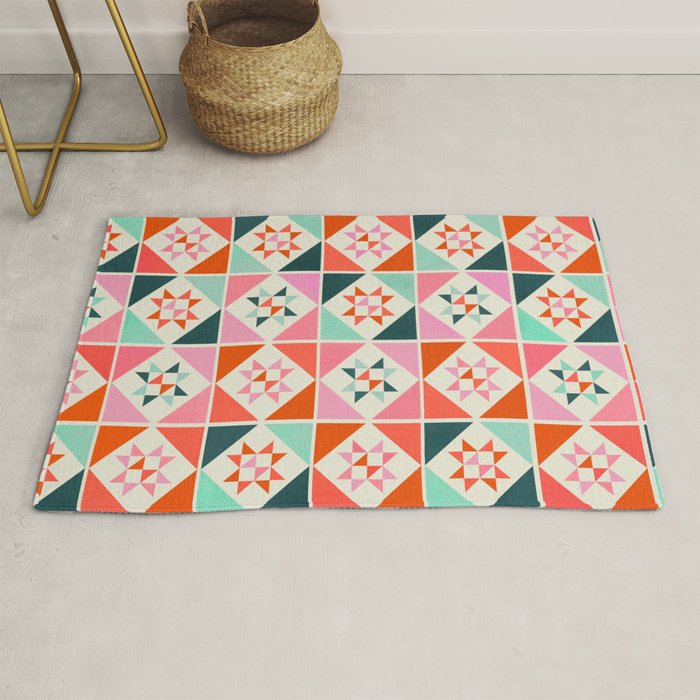 Festive Quilt Pattern In Pink, Red And Green Rug