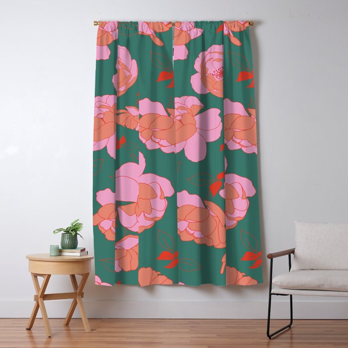 English Roses In Pink And Green Window Curtain