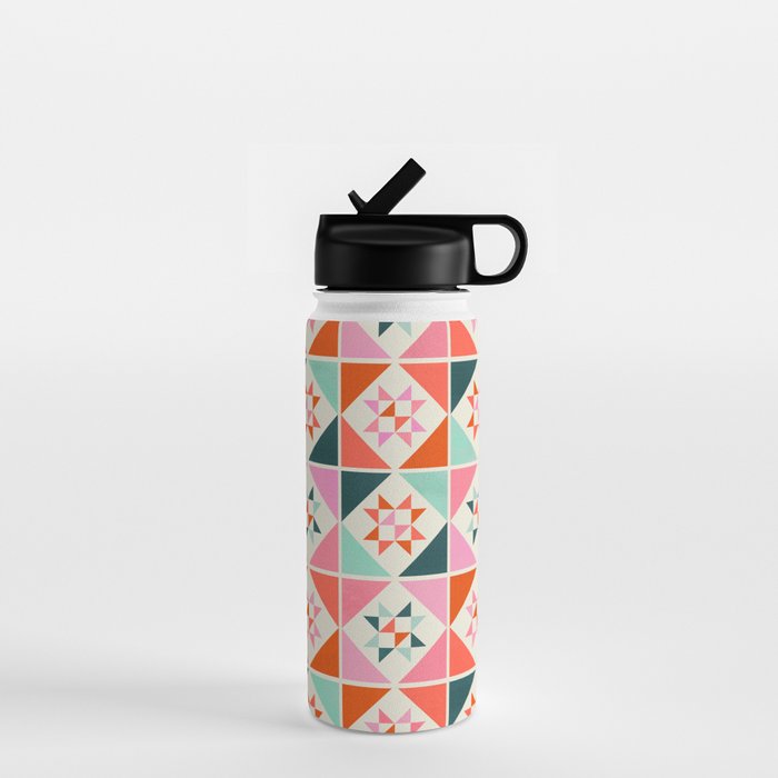 Festive Quilt Pattern In Pink, Red And Green Water Bottle