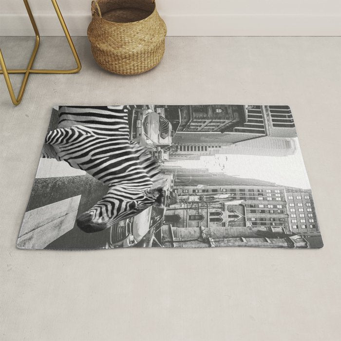 Zebra In The City - Black And White Photography Collage Rug