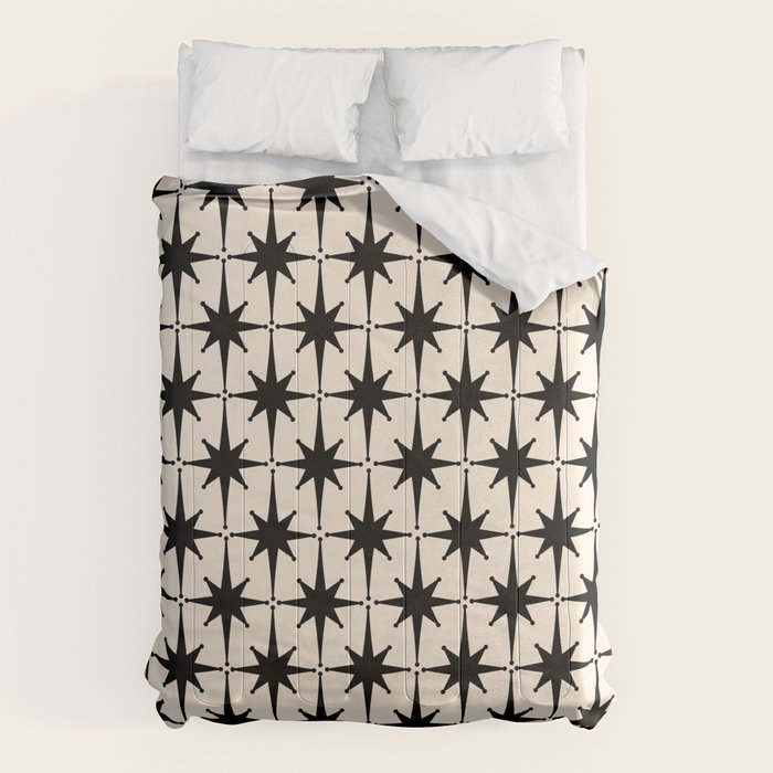 Midcentury Modern Atomic Age Starburst Pattern In Black And Almond Cream Comforter