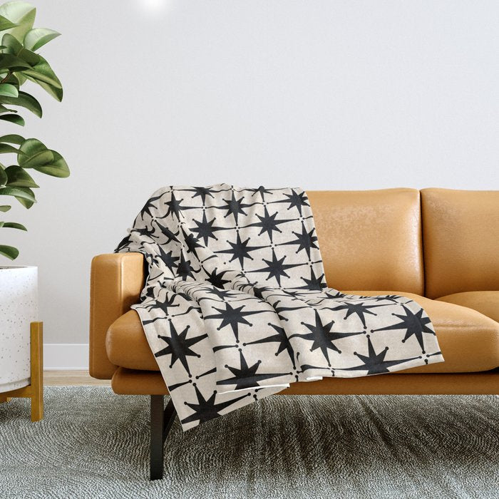 Midcentury Modern Atomic Age Starburst Pattern In Black And Almond Cream Throw Blanket