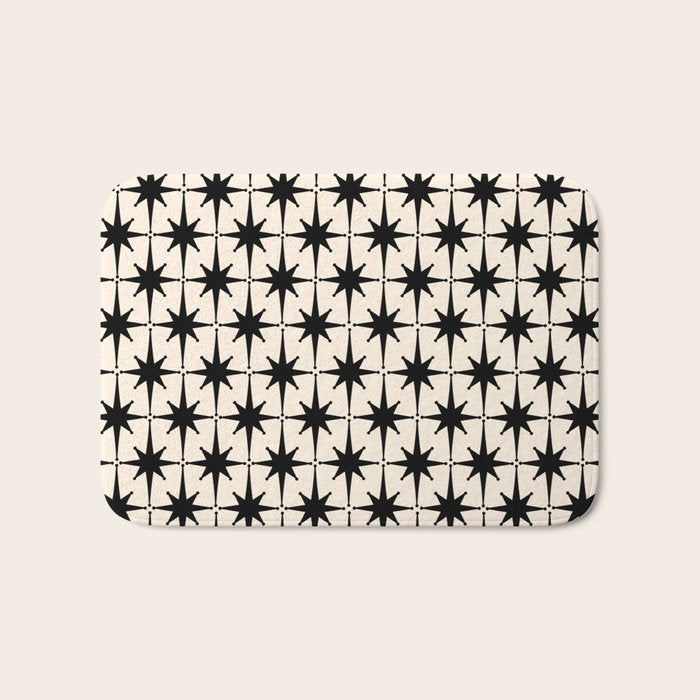 Midcentury Modern Atomic Age Starburst Pattern In Black And Almond Cream Bath Mat