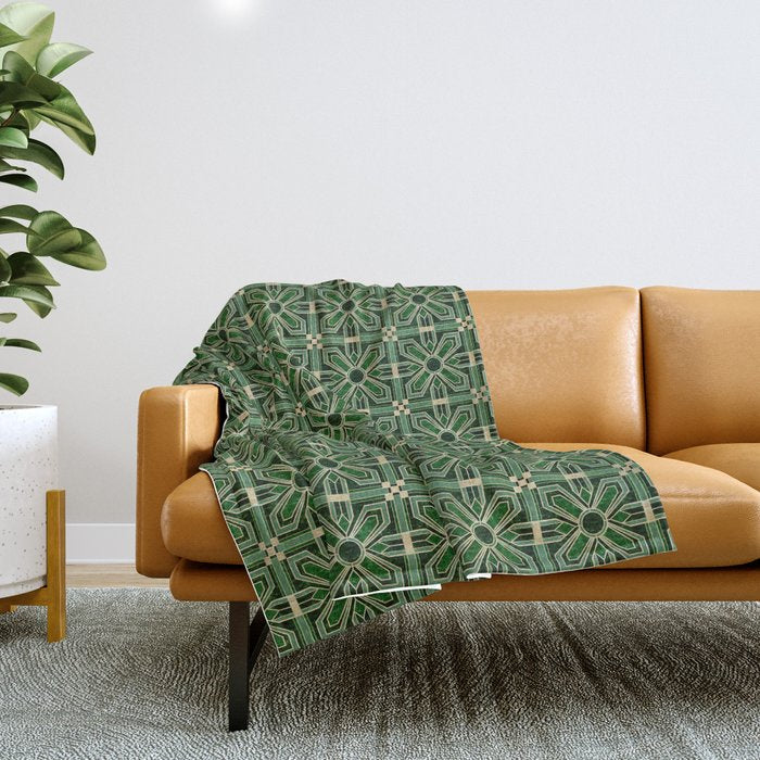 Art Deco Floral Tiles In Emerald Green And Faux Gold Throw Blanket
