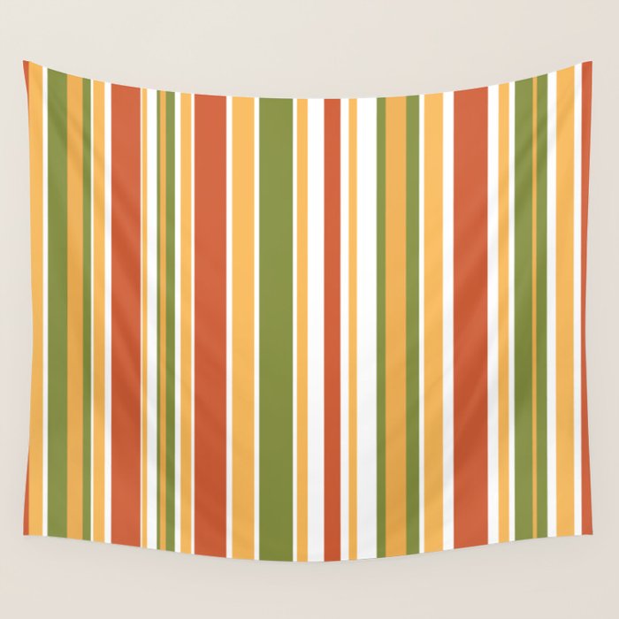 Retro Stripes - Mid Century Modern 50s 60s 70s Pattern In Green, Orange, Yellow, And White Wall Tapestry