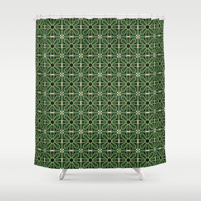 Art Deco Floral Tiles In Emerald Green And Faux Gold Shower Curtain
