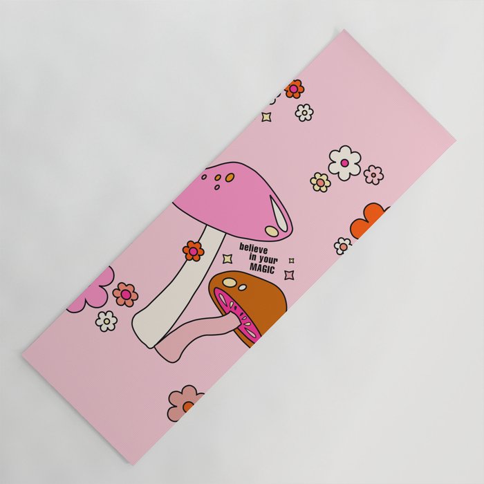 Colorful Mushrooms And Flowers In Pink Yoga Mat