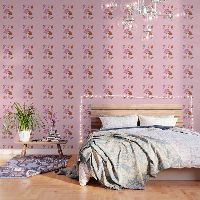 Colorful Mushrooms And Flowers In Pink Wallpaper