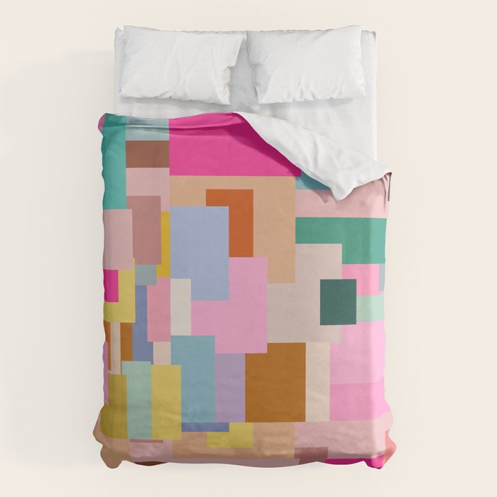 Color Block Print Mid Century Modern Decor Pink Aesthetic Retro Wall Art Geometric Pattern Abstract Duvet Cover