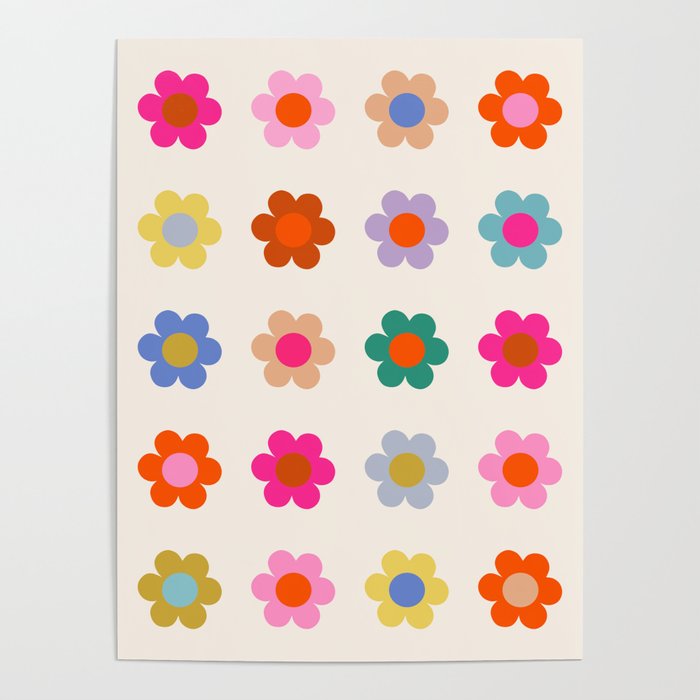 Retro Floral Colorful Print Preppy Aesthetic Decor Abstract Flowers Poster