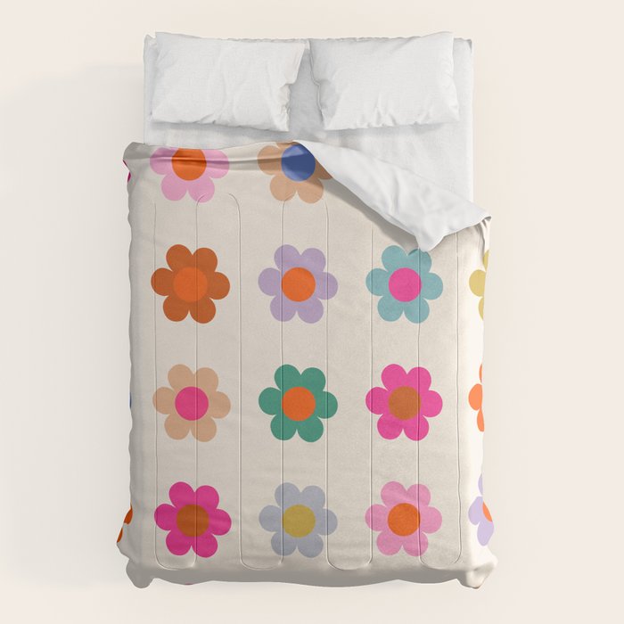 Retro Floral Colorful Print Preppy Aesthetic Decor Abstract Flowers Comforter