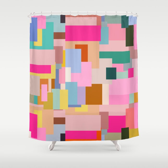 Color Block Print Mid Century Modern Decor Pink Aesthetic Retro Wall Art Geometric Pattern Abstract Shower Curtain