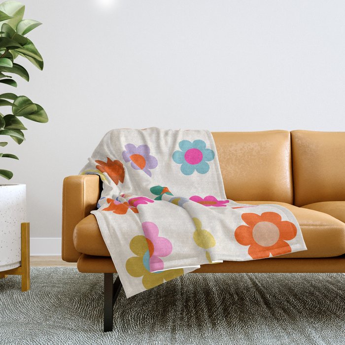 Retro Floral Colorful Print Preppy Aesthetic Decor Abstract Flowers Throw Blanket
