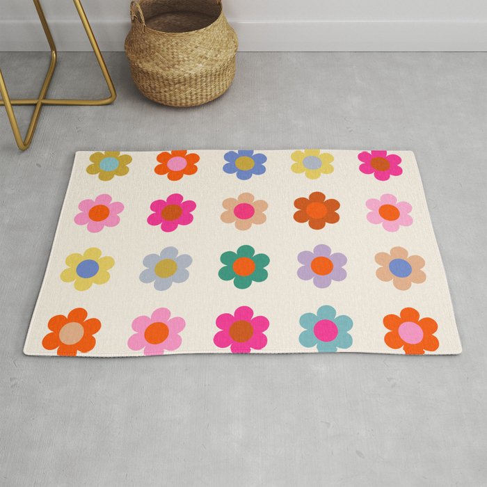 Retro Floral Colorful Print Preppy Aesthetic Decor Abstract Flowers Rug