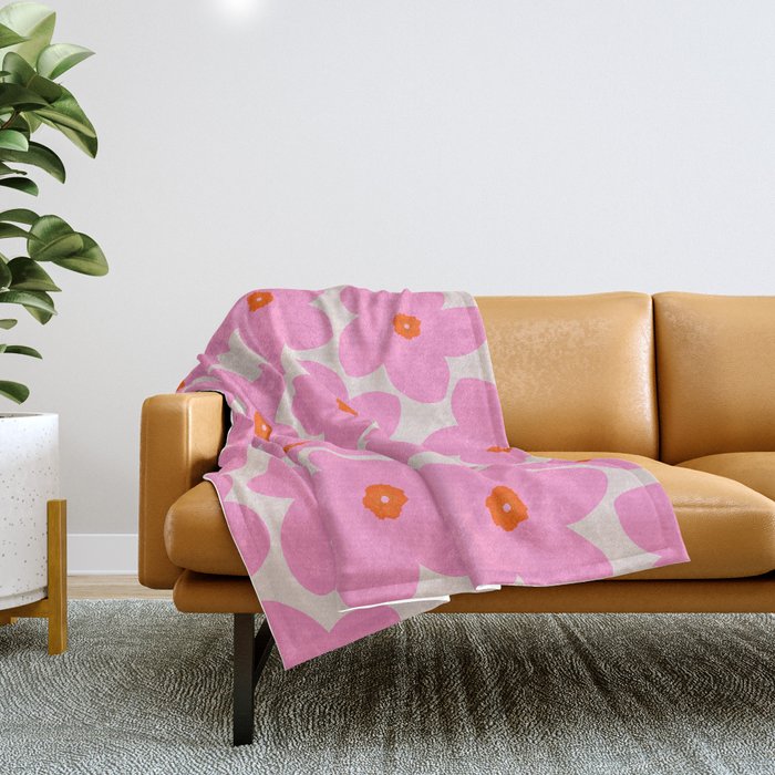 Abstract Retro Flower Pink Orange And Neutral Print Preppy Modern Floral Throw Blanket
