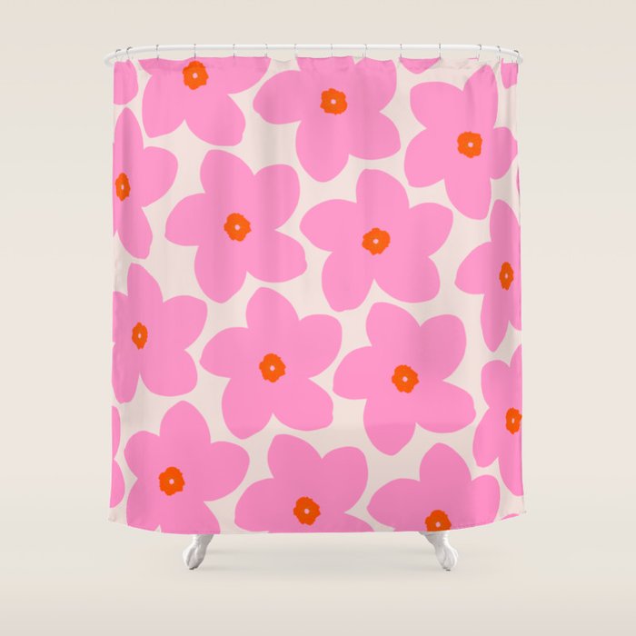 Abstract Retro Flower Pink Orange And Neutral Print Preppy Modern Floral Shower Curtain