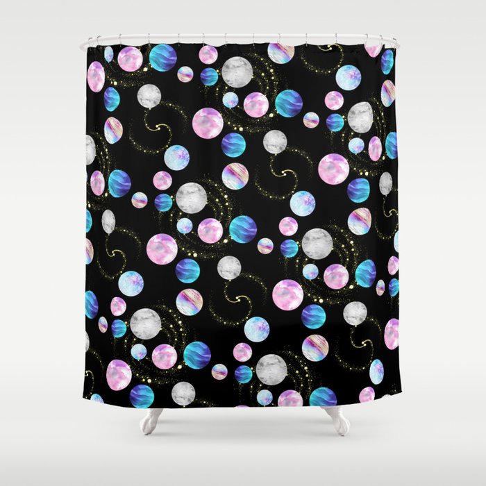 Outer Space: Planets, Galaxies, And Stars (Watercolor And Gold) Pattern Shower Curtain
