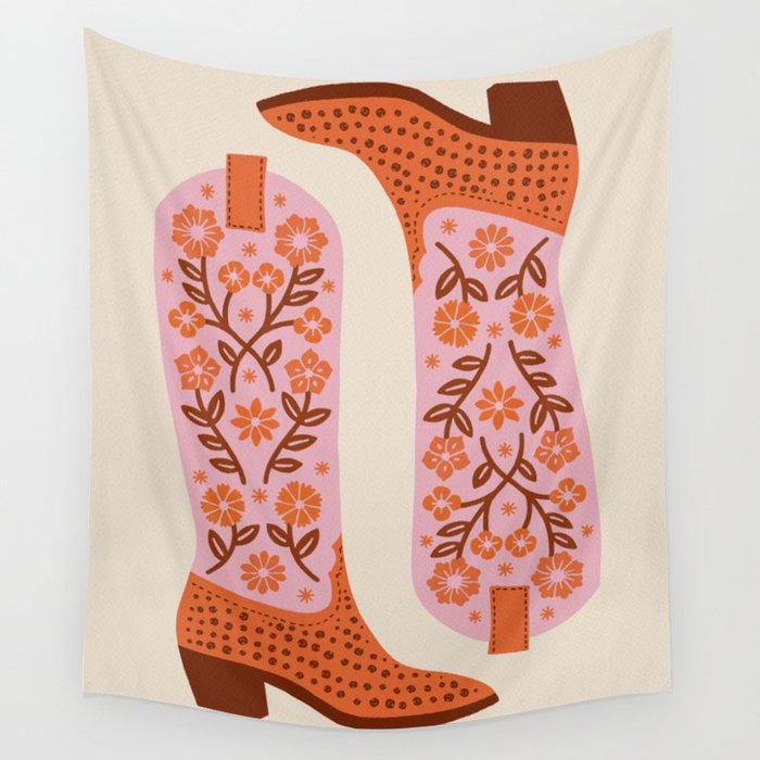 Cowgirl Boots - Pink And Orange Wall Tapestry