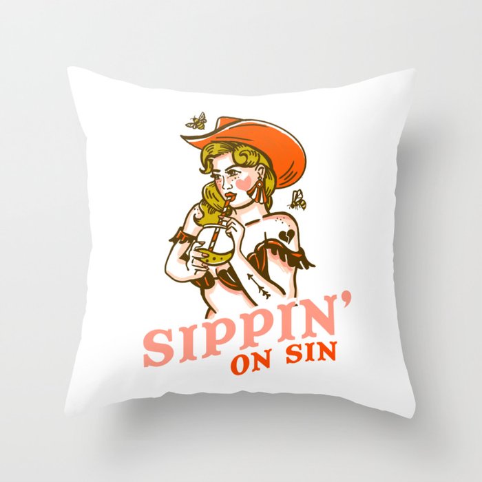 Sippin' On Sin Retro Cowgirl Throw Pillow