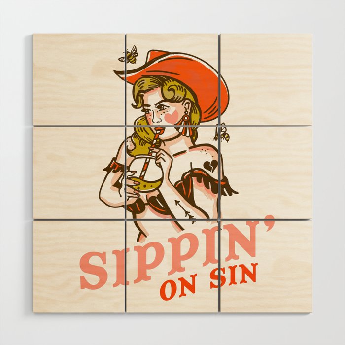 Sippin' On Sin Retro Cowgirl Wood Wall Art