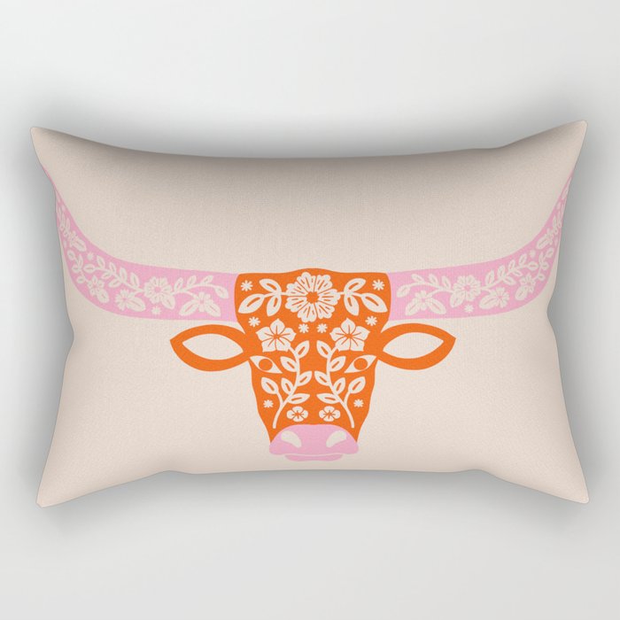 Floral Longhorn - Pink And Orange Rectangular Pillow