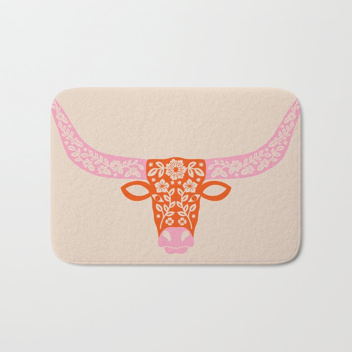 Floral Longhorn - Pink And Orange Bath Mat