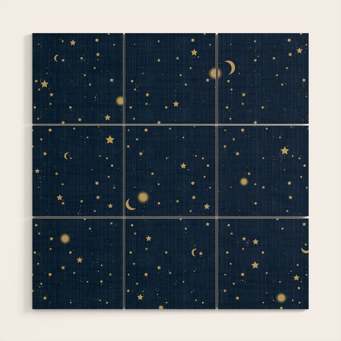 Magical Night / Galaxy In Blue And Golden Yellow Shades Wood Wall Art