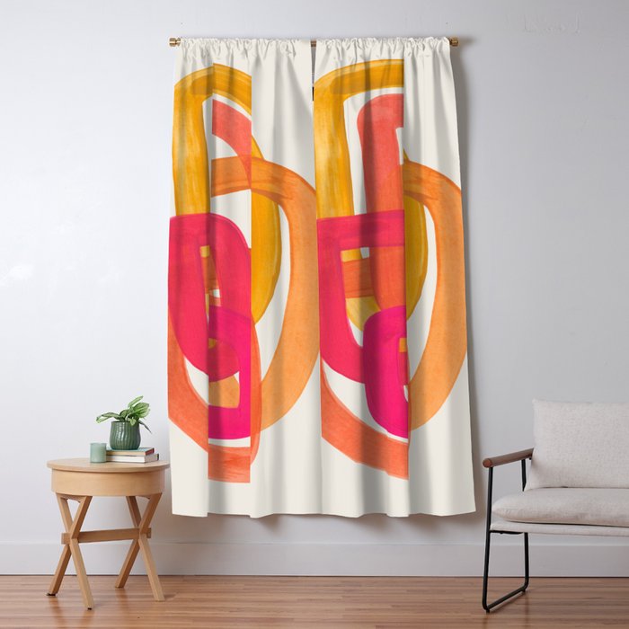 Funky Retro 70'S Style Pattern Orange Pink Greindent Striped Circles Mid Century Colorful Pop Art Window Curtain
