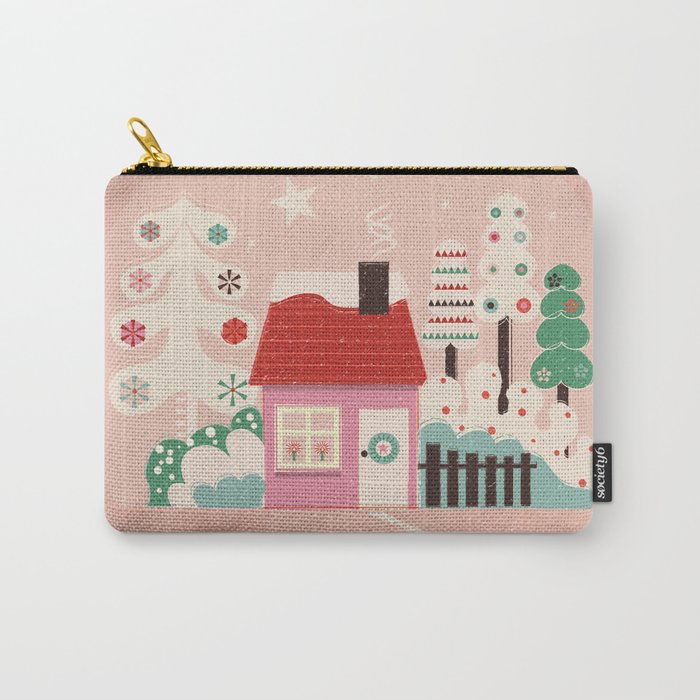 Festive Winter Hut In Pink Carry All Pouch