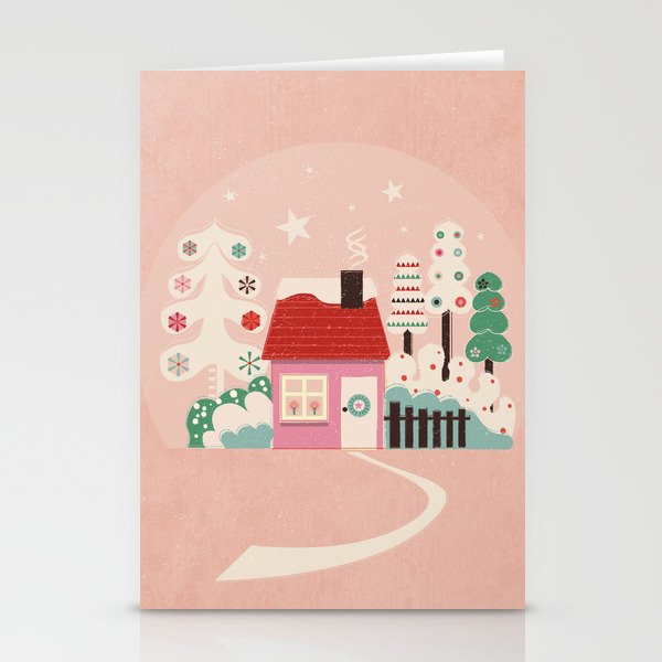 Festive Winter Hut In Pink Stationery Card