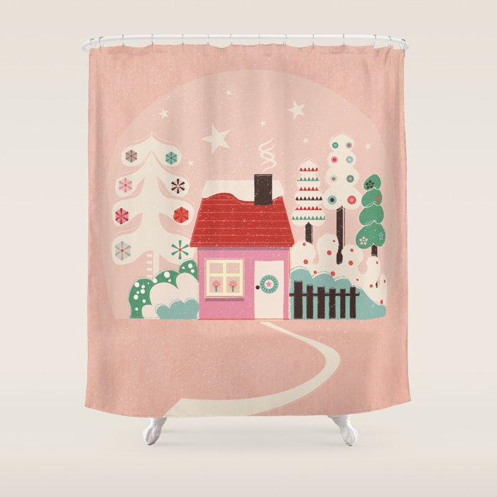 Festive Winter Hut In Pink Shower Curtain